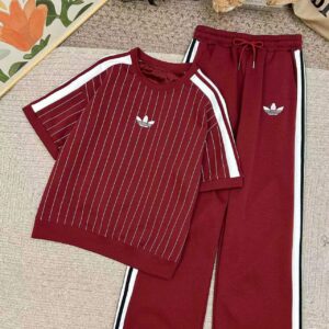 Adi Inspired Women’s Striped Tracksuit Set – Casual Two-Piece Top & Wide-Leg Pants (Red & Black)