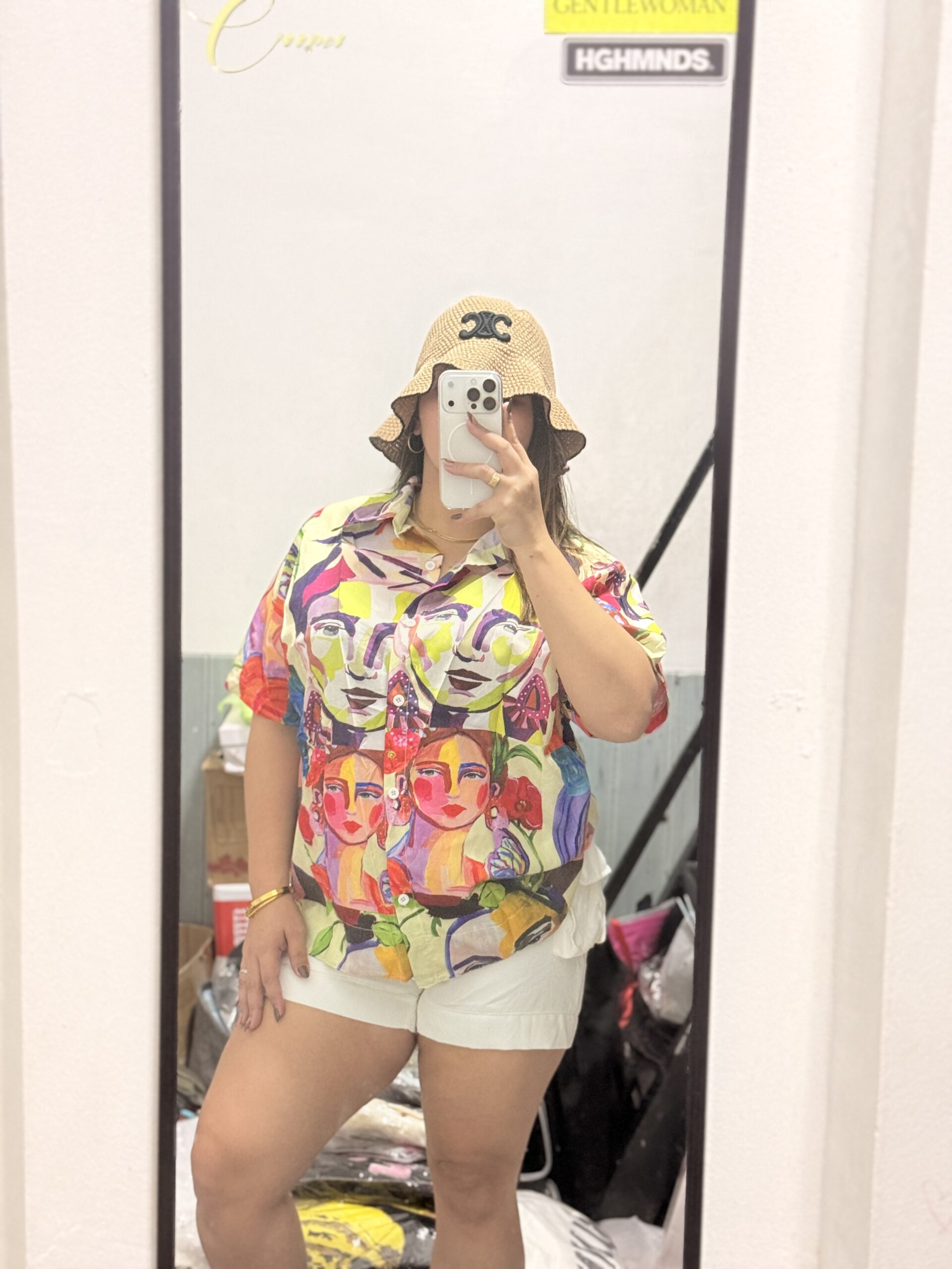 Colorful Abstract Face Print Button-Up Shirt – Women’s Oversized Artistic Summer Blouse - Image 2