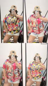 Colorful Abstract Face Print Button-Up Shirt – Women’s Oversized Artistic Summer Blouse