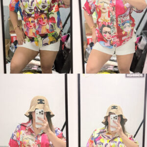 Colorful Abstract Face Print Button-Up Shirt – Women’s Oversized Artistic Summer Blouse