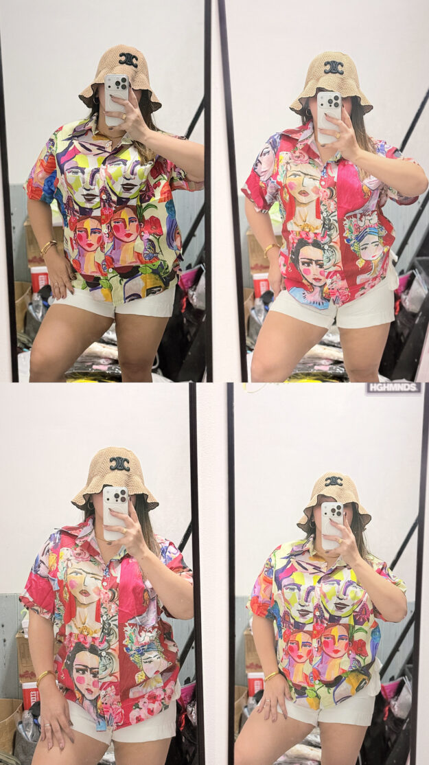 Colorful Abstract Face Print Button-Up Shirt – Women’s Oversized Artistic Summer Blouse