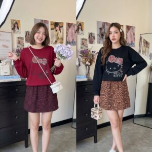 Hello Kitty Leopard Print Sweatshirt Dress Set – Cute Casual Outfit for Women