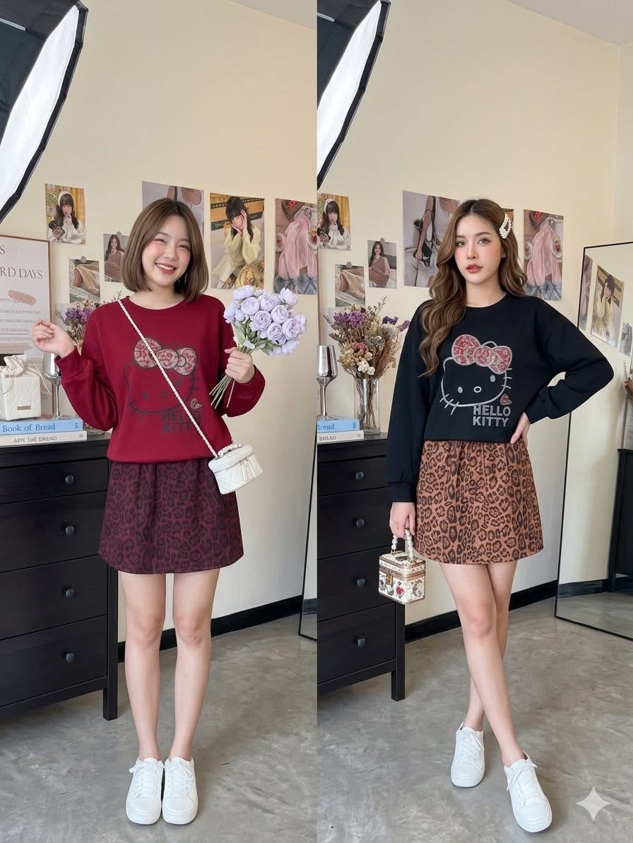 Hello Kitty Leopard Print Sweatshirt Dress Set – Cute Casual Outfit for Women